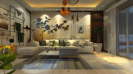 Modern Creative Living Room Interior Design with Backdrop Ideas, House Concept, Beautiful Background, Sofa and Decorative Photo Paint Frame on Full Wall Background, Creating a Stylish Space.