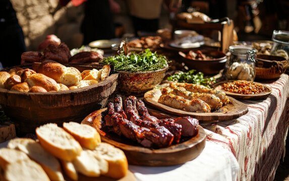 A table set for a traditional feast with roasted meat and fresh bread for st stephens day