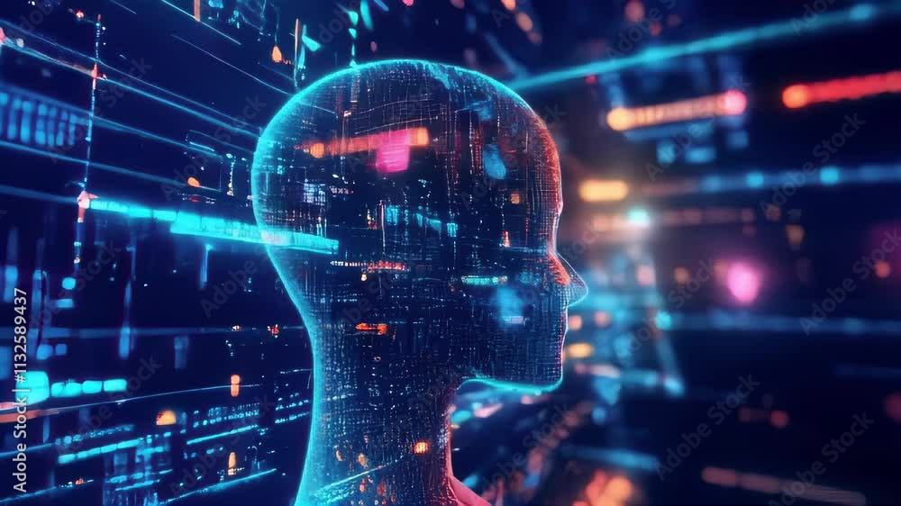 Poster a digital human head amidst data streams represents artificial intelligence and future technology.. 