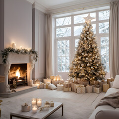 Beautifully decorated living room with a glowing Christmas tree and festive ornaments creating a warm holiday ambiance