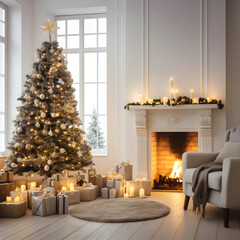 Cozy living room adorned with elegant Christmas decorations, featuring a glowing tree and festive holiday ambiance