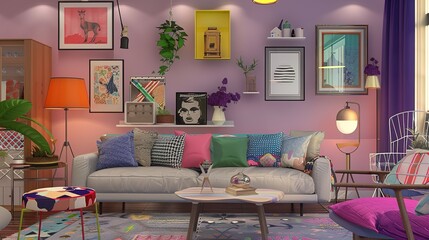 Modern Creative Living Room Interior Design with Backdrop Ideas, House Concept, Beautiful Background, Sofa and Decorative Photo Paint Frame on Full Wall Background, Creating a Stylish Space.