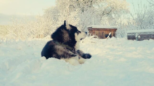 Alaskan Malamute Lying In The Snow. - closeup shot