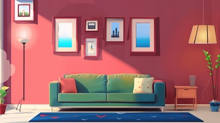 Modern Creative Living Room Interior Design with Backdrop Ideas, House Concept, Beautiful Background, Sofa and Decorative Photo Paint Frame on Full Wall Background, Creating a Stylish Space.