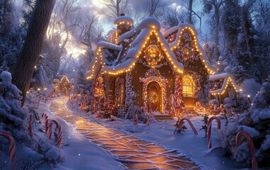 Fototapeta premium A whimsical gingerbread house with glowing candy decorations and a snowy candy cane pathway