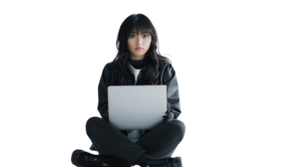 Asian young female Employee IT specialist sit at work with laptop on white background

