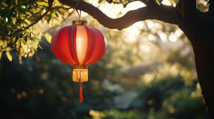 Obraz premium Red Lantern Hanging From Tree Branch Outdoors