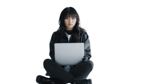Asian young female Employee IT specialist sit at work with laptop on white background