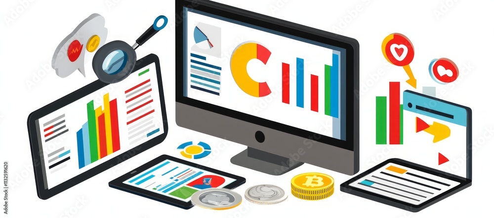 Poster digital marketing analytics dashboard displays data on computer screen, tablet, and smartphone.