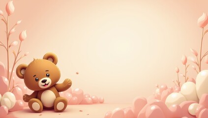 Fototapeta premium Adorable Teddy Bear in Pastel Landscape with Clouds and Blossoms, Cute Digital Art for Valentine's Day