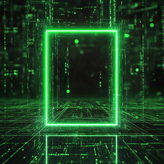 glowing green matrix frame on matrix background for NFT portrait frame