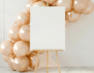 Blank Canvas on Wooden Easel with Soft Beige Balloons in Elegant Minimalist Setup – Ideal for Fashionable Event Invitations