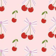 Red cherry with light purple and white transparent on light pink background. Seamless pattern Vector.