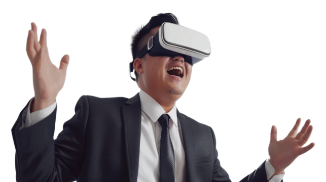 Asian caucasian young businessman watching vr glasses laughing and gesturing with hand on white background

