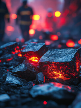 Glowing pieces of coal on a blurred background.