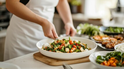 Naklejka premium A chef prepares a vibrant vegetable salad in a bright kitchen, highlighting fresh ingredients and culinary creativity.