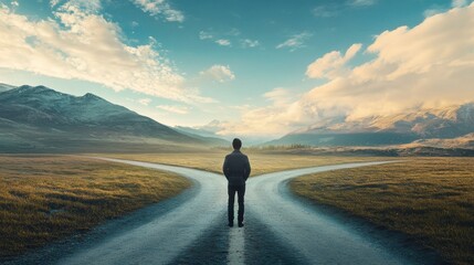 A person stands alone at a crossroads, contemplating choices against a backdrop of scenic mountains and vibrant skies.