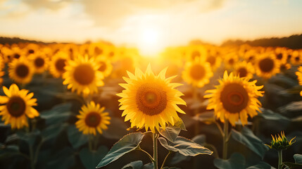 Obraz premium Breathtaking Sunset Over a Vibrant Sunflower Field in Full Bloom