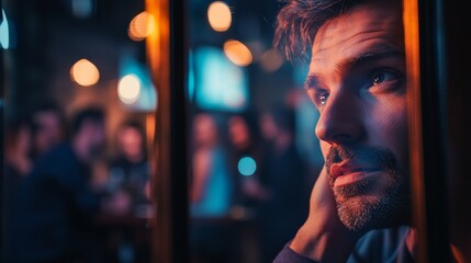 Naklejka premium Contemplative Man in Late 30s Gazing through Bar Window at Group Enjoying Outside, Soft Focus Portrait