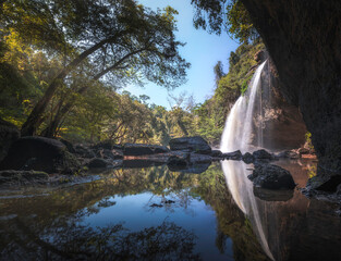 Scenic waterfall in Khao Yai National Park, Thailand, surrounded by lush green jungle. The cascading water flows into a serene pool below, offering a tranquil escape into the heart of nature's beauty.