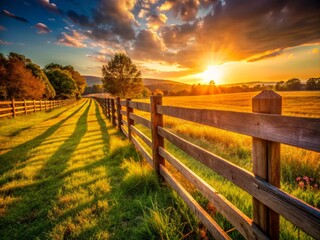 Fototapeta premium Classic Wooden Fence Photography: Rustic Charm, Wide Angle, Countryside, Fence Styles, Wooden Fence Design, Rural Landscape