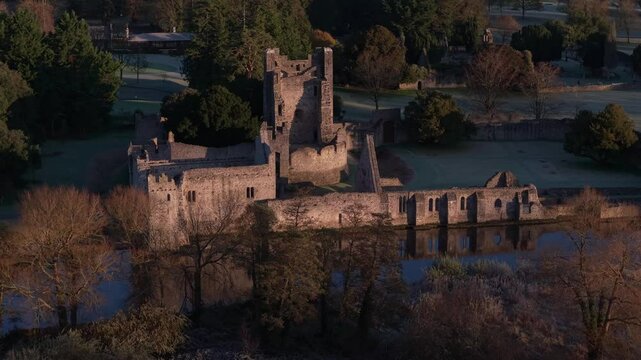 Desmond Castle at sunrise on a frosty morning in Adare, Ireland