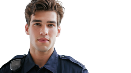 A police officer caucasian american young man on white background
