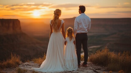 Fototapeta premium Family at sunset overlooking a breathtaking landscape