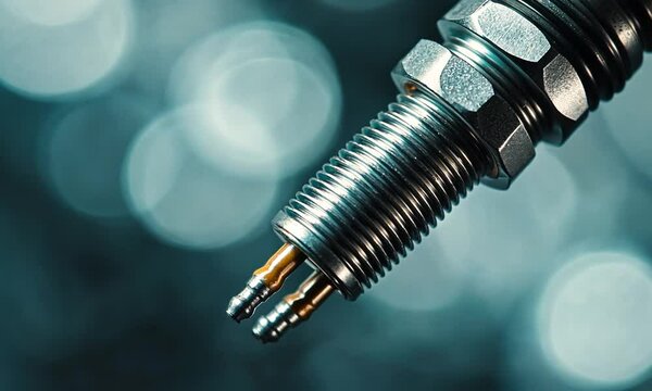 Close-up of a metallic spark plug, showcasing its threaded body and electrical contacts for ignition.