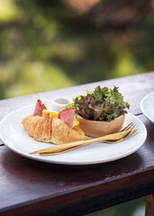 Delicious ham and cheese croissant served with a fresh side salad. The golden, flaky pastry is filled with melted cheese and savory ham, creating a perfect blend of crisp, creamy, and savory flavors