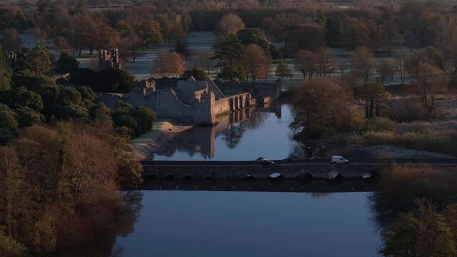 Desmond Castle at sunrise on a frosty morning in Adare, Ireland, serene beauty