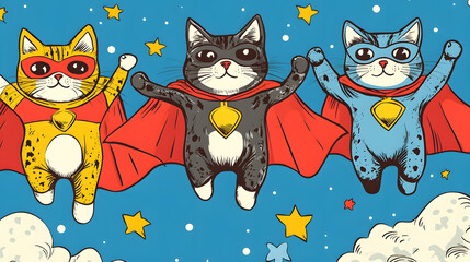 Fototapeta premium Whimsical and playful illustrations of cats in various humorous scenarios, featuring vibrant doodle art