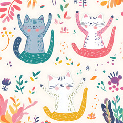 Whimsical and playful illustrations of cats in various humorous scenarios, featuring vibrant doodle art