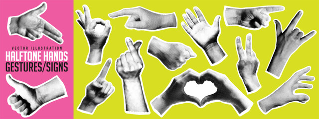 Set of various halftone hand gesture, y2k dotted collage element, finger touch, pointing, click or tap, retro newspaper cutout, comic magazine sticker and doodle arm sign with grunge torn paper. Hands