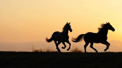 Fototapeta premium Silhouette of two horses galloping at sunset on open field