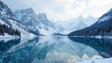 Serene winter landscape with snowcapped mountains and reflective lake