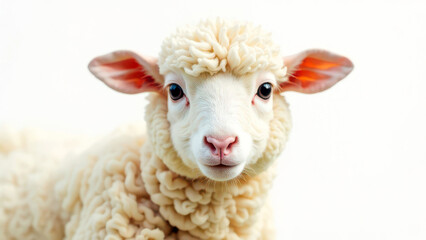 Fototapeta premium Close-up of a fluffy lamb with soft creamy wool and expressive eyes