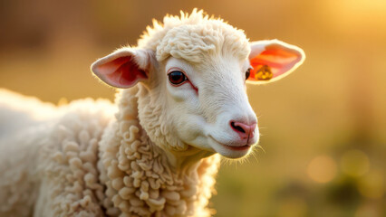 Obraz premium Fluffy white lamb in sunlit pasture