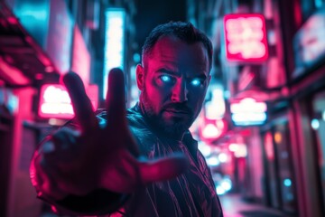 Fototapeta premium Closeup portrait of man with glowing neon eyes reaching hand toward camera with intense face expression in cyberpunk city setting futuristic and dark aesthetic