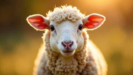 Obraz premium Adorable young sheep in sunlit pasture with curly wool and bright eyes