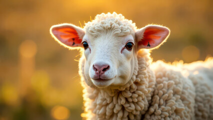 Obraz premium Young lamb in sunlit pasture at golden hour