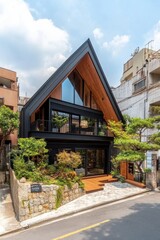 Modern A Frame House With Wooden Accents And Landscaping