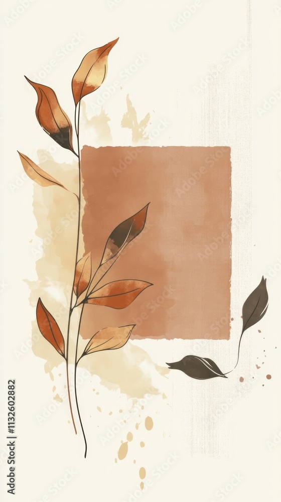 Poster a tranquil composition featuring a soft brown square surrounded by stylized leaves in earthy tones, 
