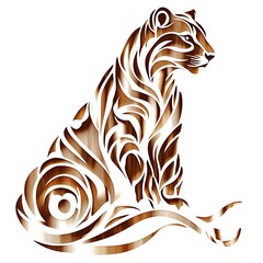 Obraz premium Abstract Brown Wood Grain Style Lion Design, Sitting Pose, Elegant Ornate Animal Illustration.