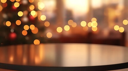 A sleek round glass table with clean edges, placed in front of a softly blurred Christmas tree decorated with ornaments and glowing lights, New Year’s gifts scattered beneath the tree,