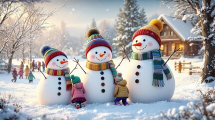 Obraz premium Three cheerful snowmen in colorful hats and scarves, surrounded by children playing in a snowy winter landscape with a cozy cabin in the background