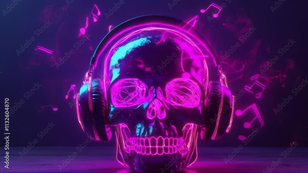 Poster a neon-lit skull wearing headphones pulses with vibrant colors. music notes float around, creating a