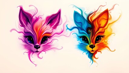 Obraz premium Swirling colorful ink forms cute abstract animal faces, glowing particles, and a dreamy soft-focus background, filled with vibrant surreal energy