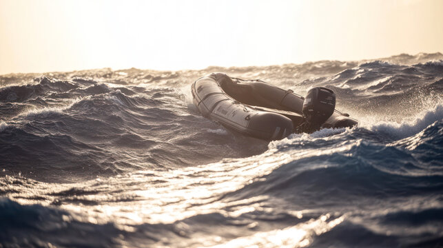 Empty plastic boat in stormy sea, aftermath of a tragic accident. An unlucky fisherman went missing for ever