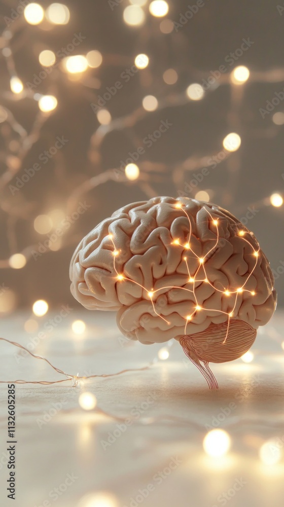 Poster human brain model wrapped with glowing lights representing neural network activity